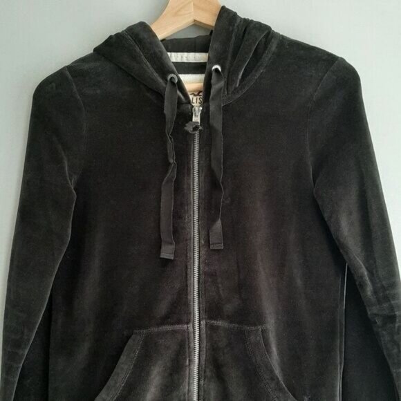 HOLLISTER Soft Velvet Full-Zip Hoodie Sweatshirt Jacket Black Sz S Flawed - Picture 2 of 12